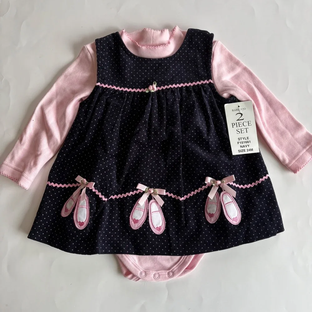 Rare Too! Navy Pink Polka Dot Ballet Corduroy Jumper and‎ Bodysuit Set 24M NWT